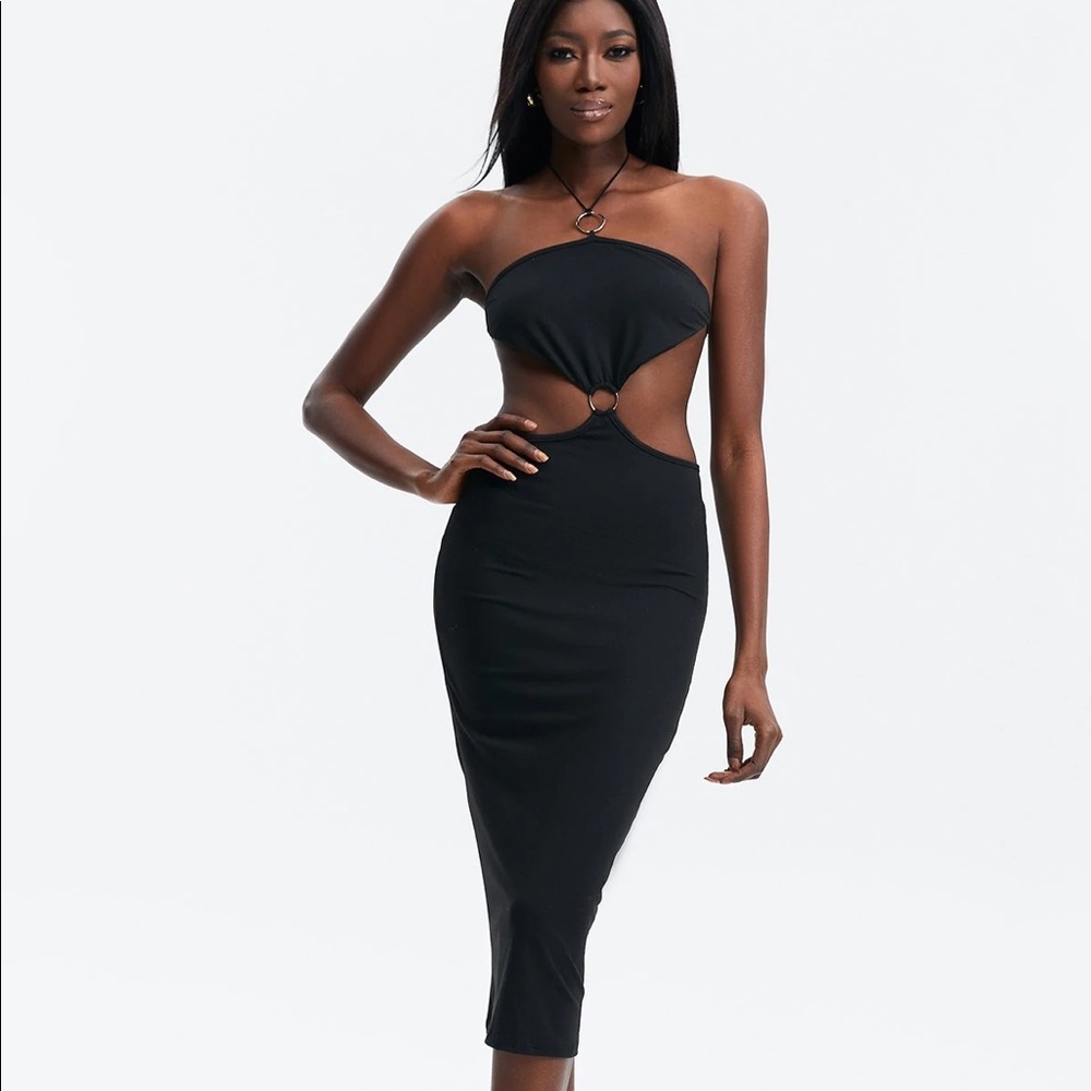BRAND NEW Halter Neck Backless O-ring Front Midi Dress